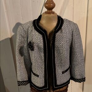 Peter Nygard Black and White Tweed Blazer with Polka Dot Trim